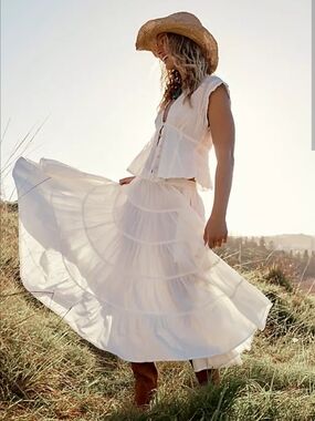Free People In Full Swing White Tiered Midi Skirt